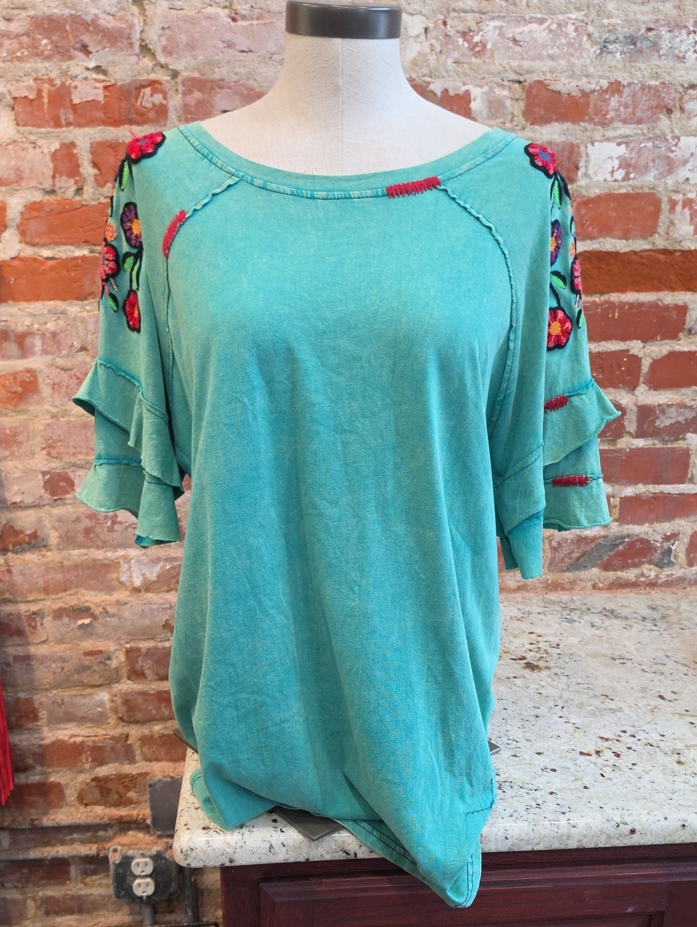 Double D Ranch Turquoise Embroidered Ruffle Sleeve Top